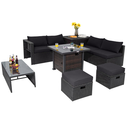9 Pieces Patio Furniture Set with 32‚Äù Fire Pit Table and 50000 BTU Square Propane Fire Pit-Black