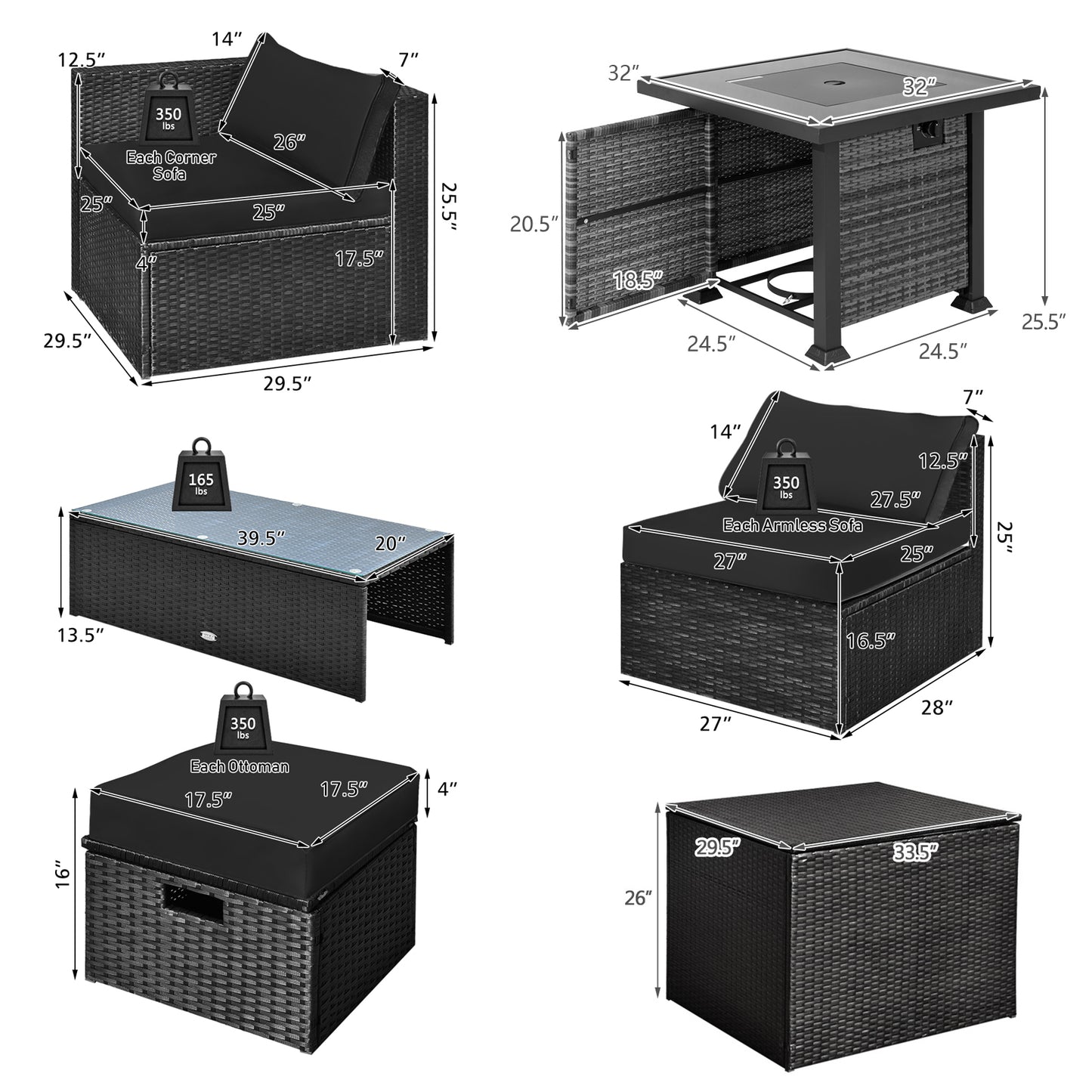 9 Pieces Patio Furniture Set with 32‚Äù Fire Pit Table and 50000 BTU Square Propane Fire Pit-Black