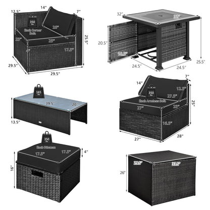 9 Pieces Patio Furniture Set with 32‚Äù Fire Pit Table and 50000 BTU Square Propane Fire Pit-Black