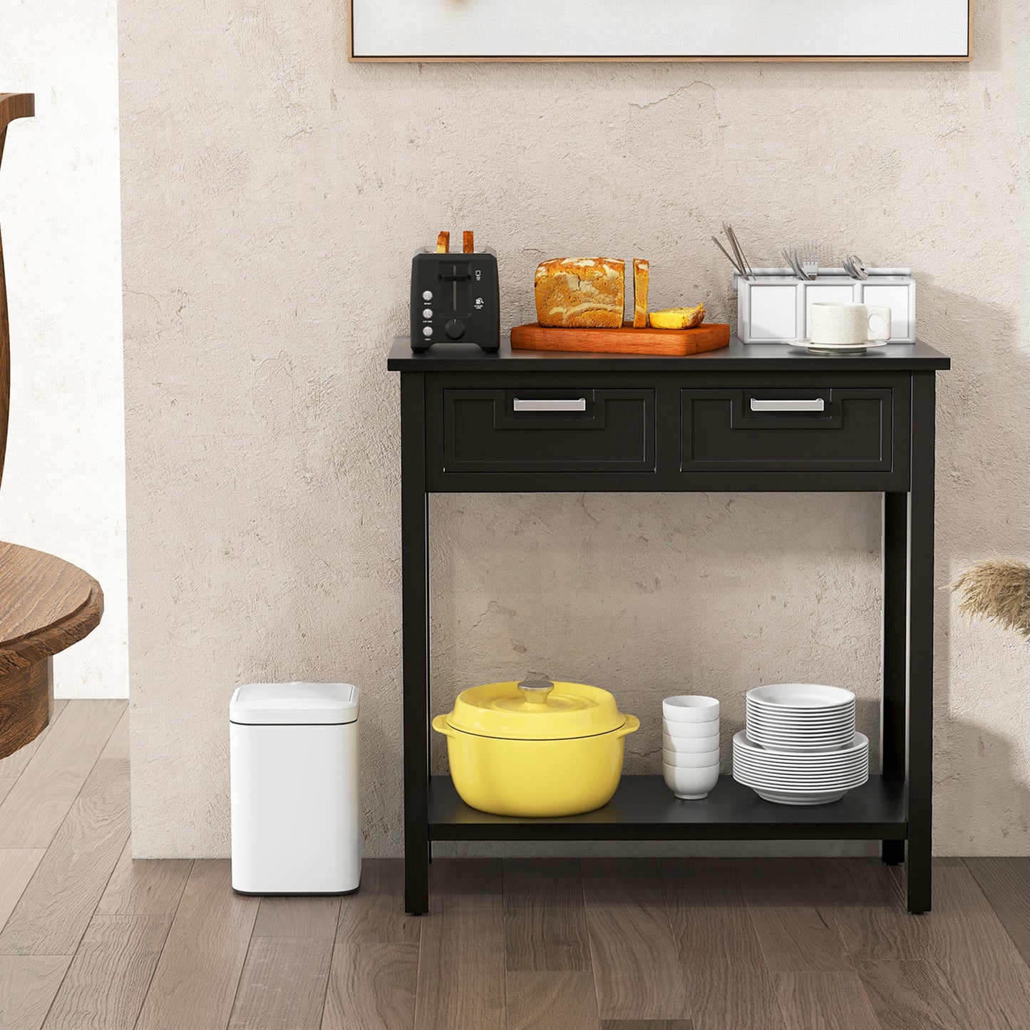 Narrow Console Table with Drawers and Open Storage Shelf-Black