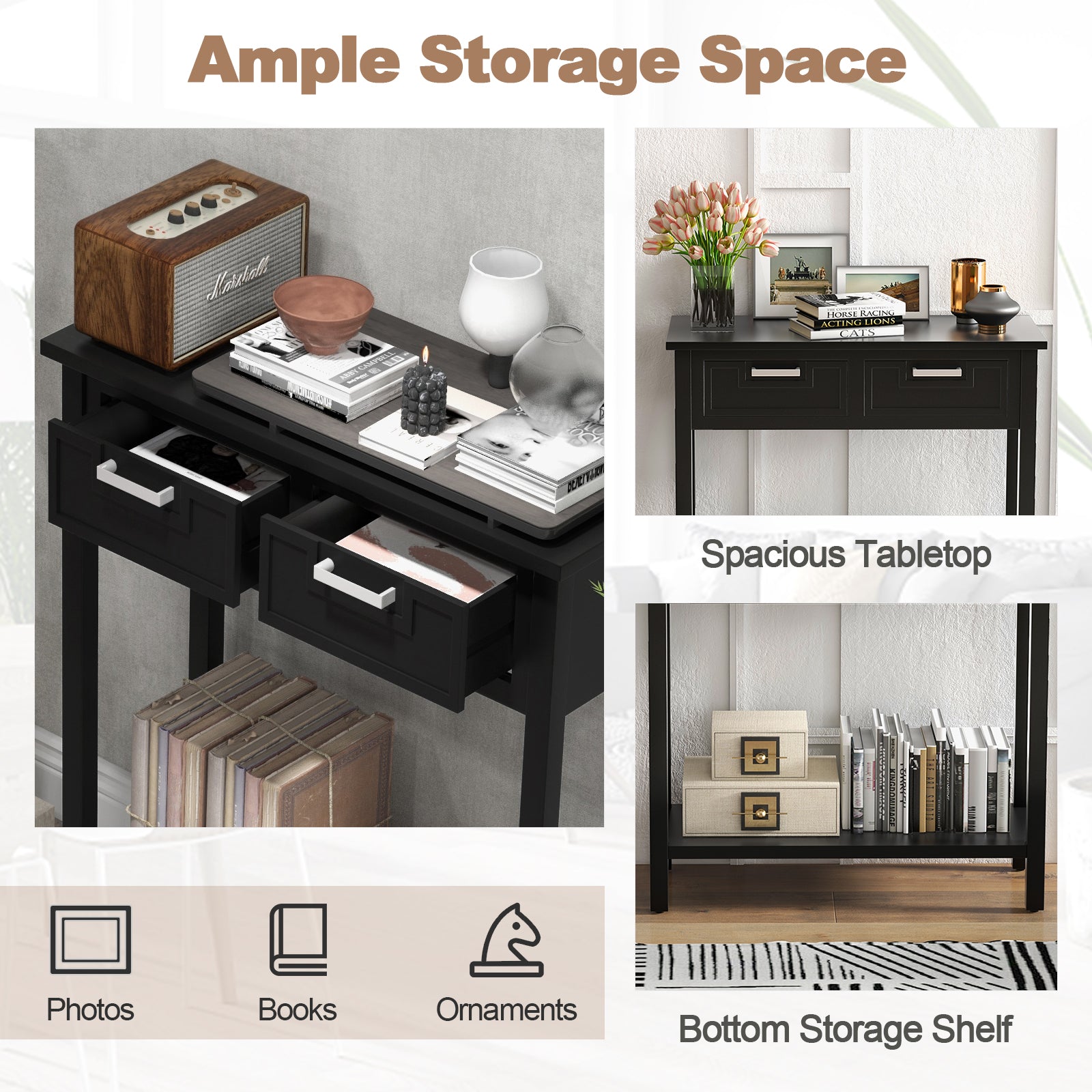 Narrow Console Table with Drawers and Open Storage Shelf-Black