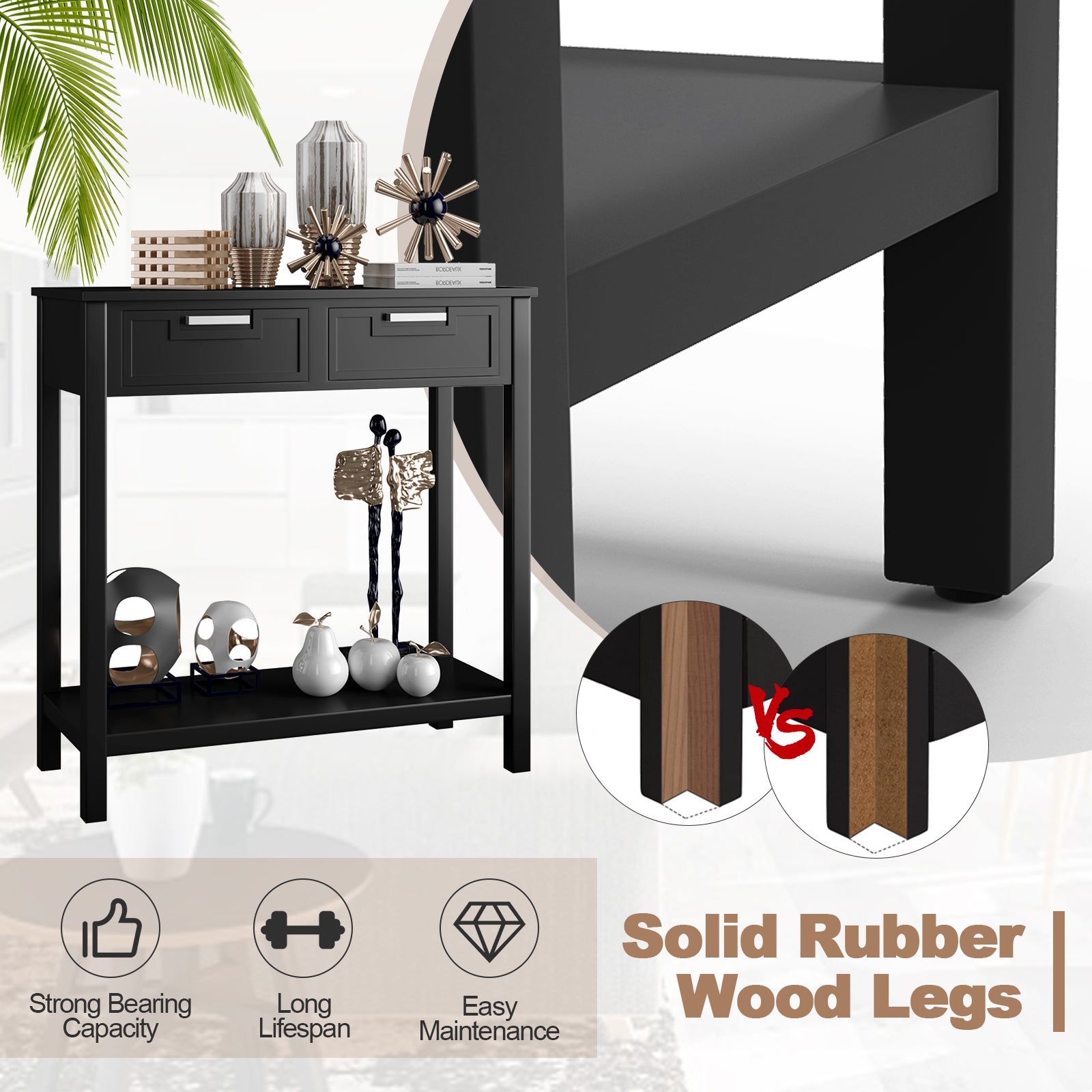Narrow Console Table with Drawers and Open Storage Shelf-Black