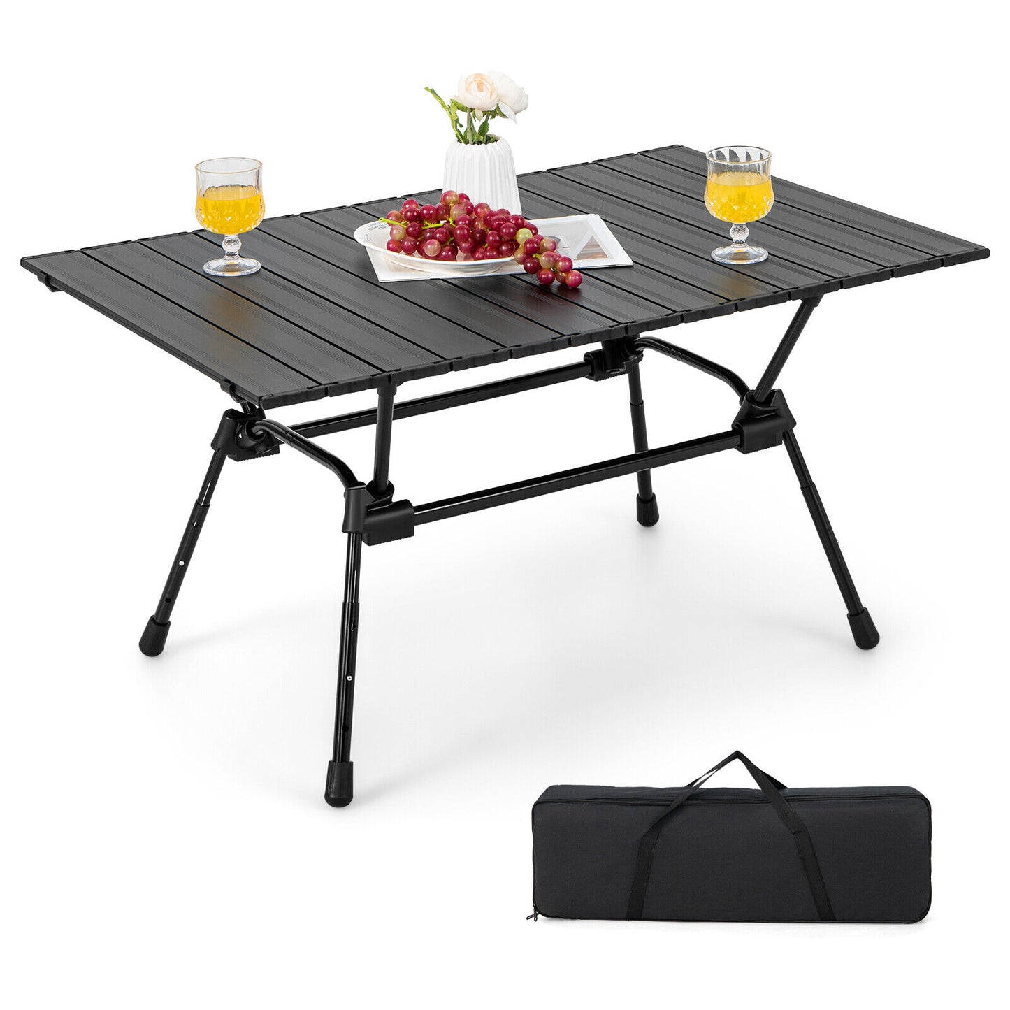 Folding Heavy-Duty Aluminum Camping Table with Carrying Bag-Black - Black