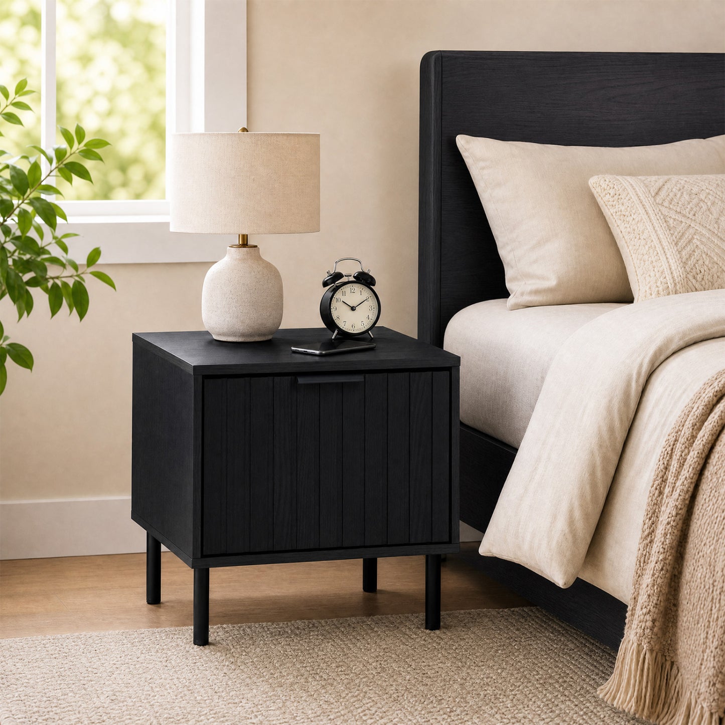Modern Nightstand with Vertical-Striped Drawer