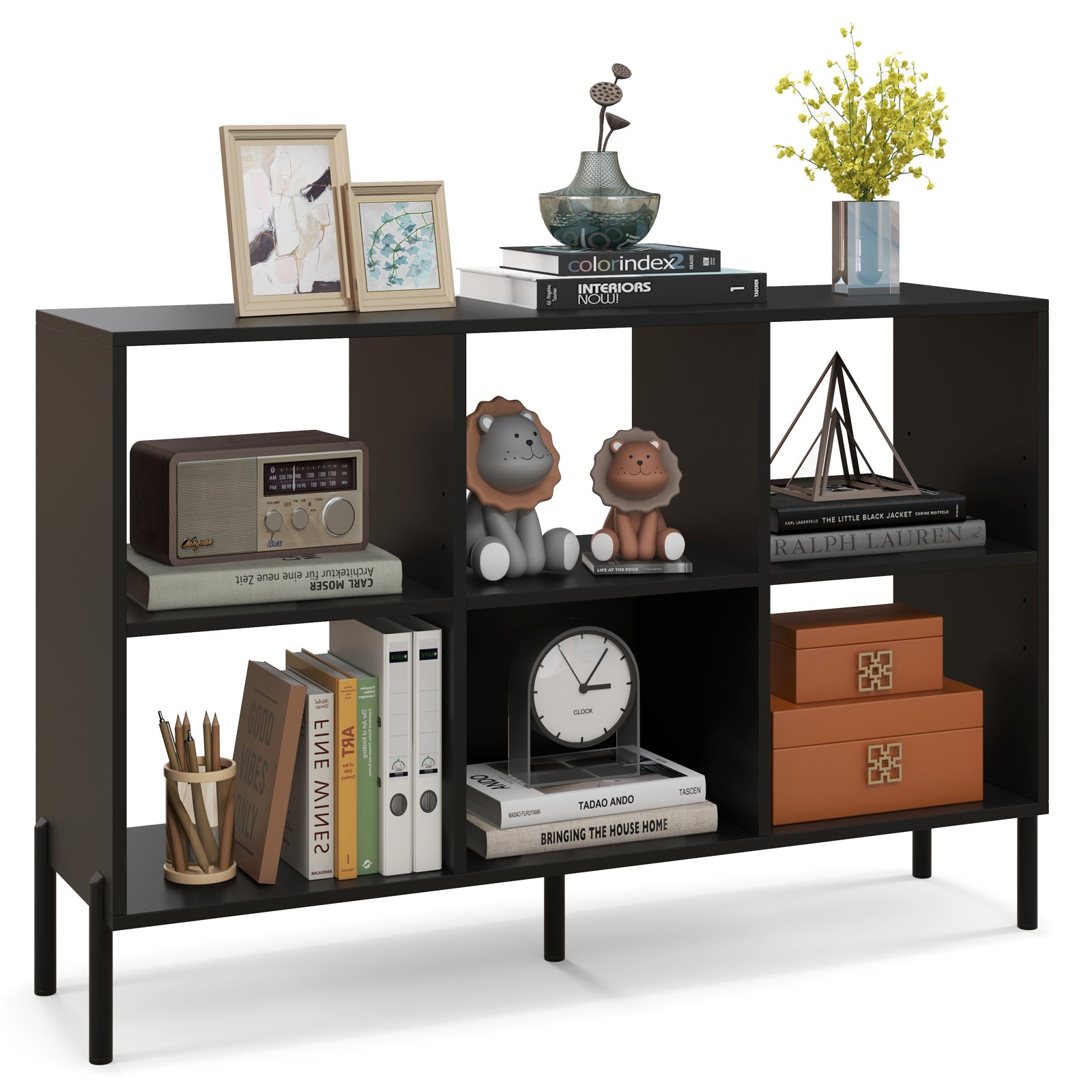 Open-Back Bookshelf with Drawer for Study-Black - Black