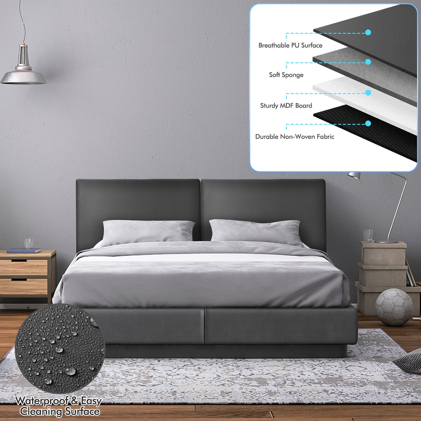 PU Leather Upholstered Wall Mounted Headboard for Bedroom