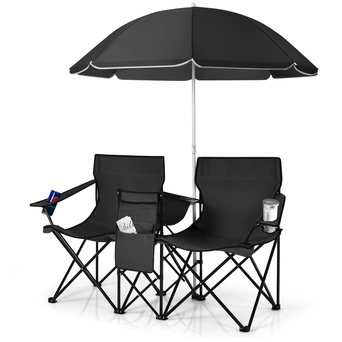 Portable Folding Picnic Double Chair With Removable Umbrella-Green - Black