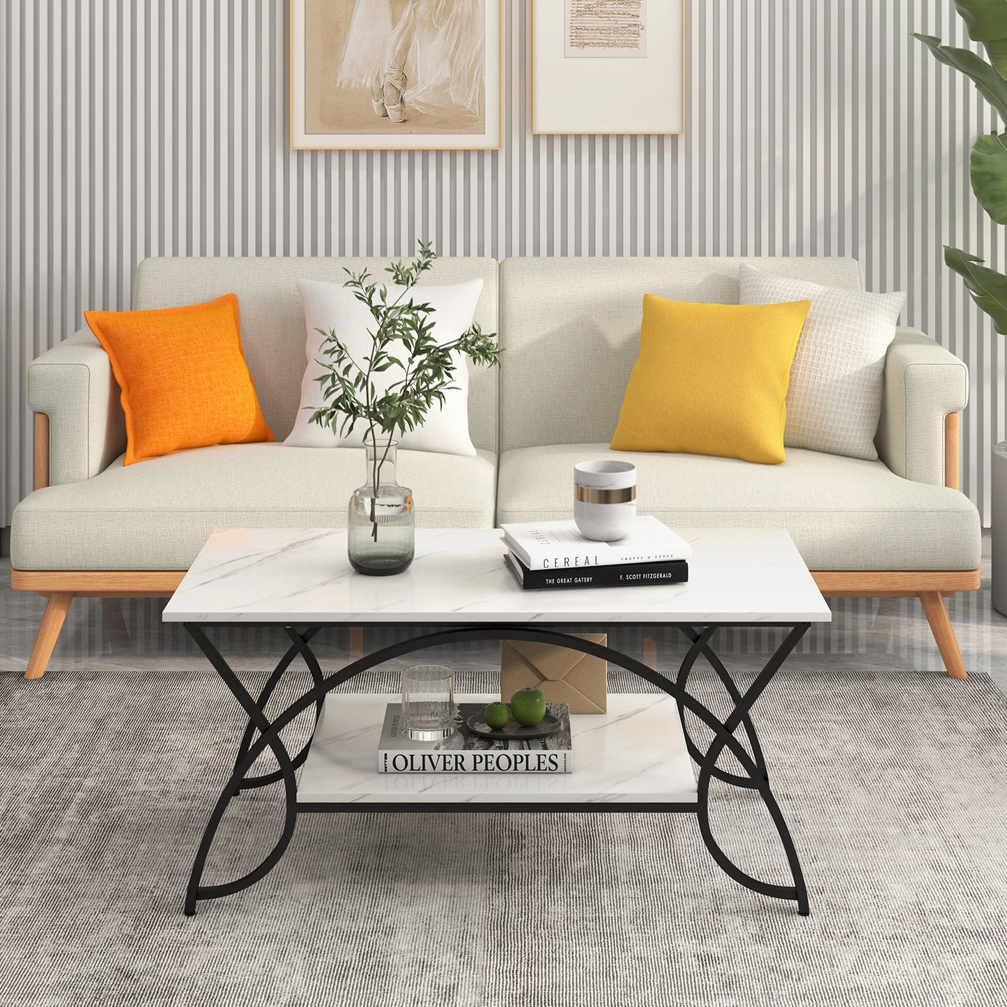2-Tier Rectangle Coffee Table with Marble Pattern Top