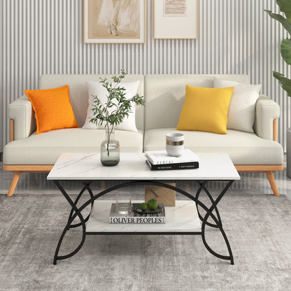 2-Tier Rectangle Coffee Table with Marble Pattern Top