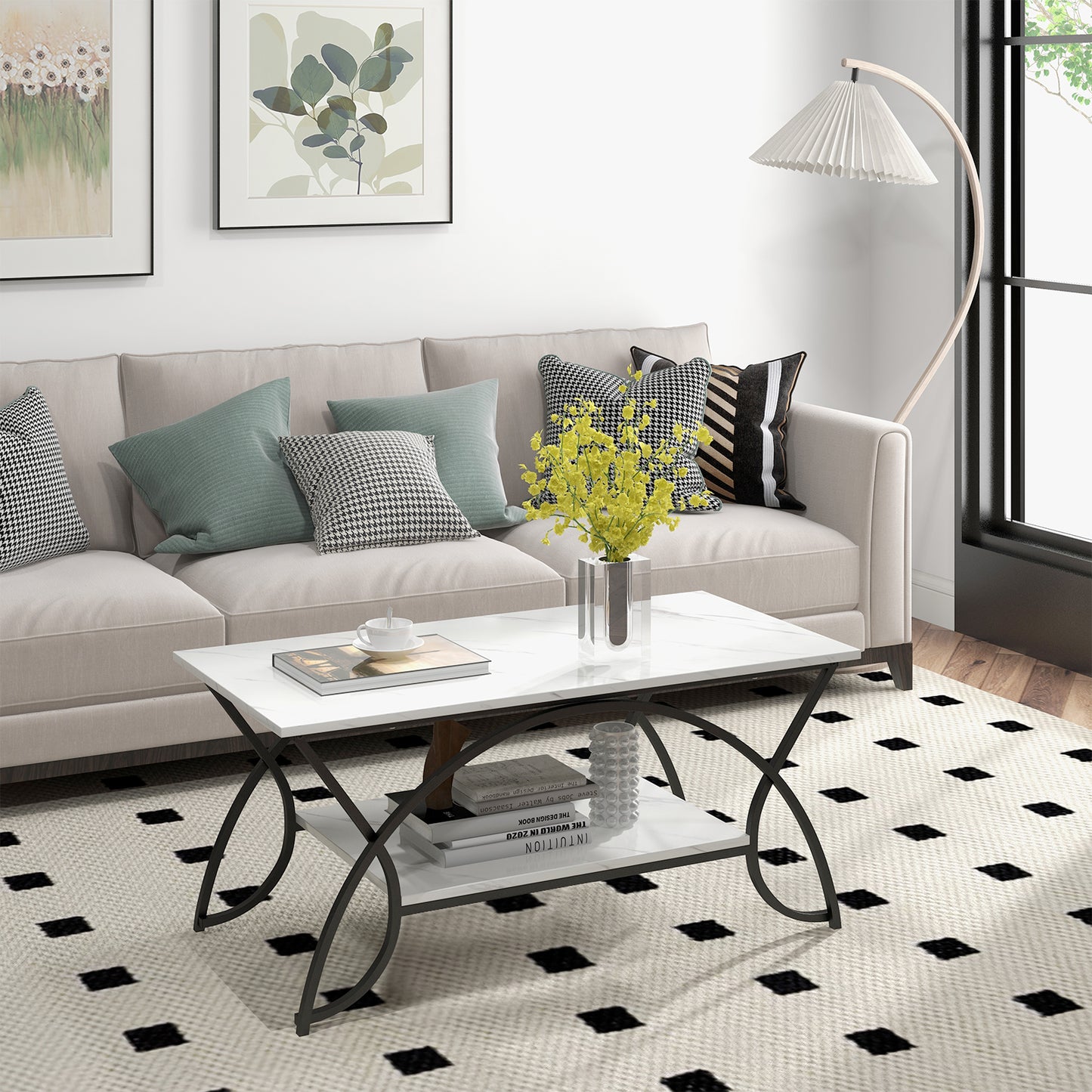 2-Tier Rectangle Coffee Table with Marble Pattern Top