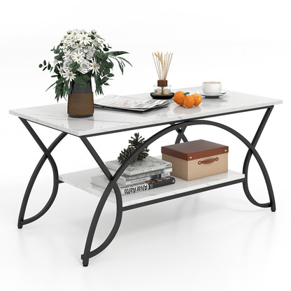 2-Tier Rectangle Coffee Table with Marble Pattern Top
