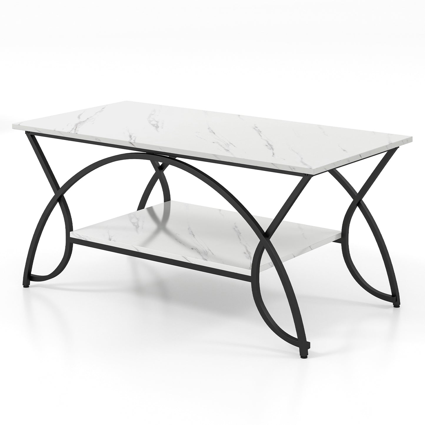 2-Tier Rectangle Coffee Table with Marble Pattern Top