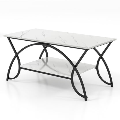 2-Tier Rectangle Coffee Table with Marble Pattern Top
