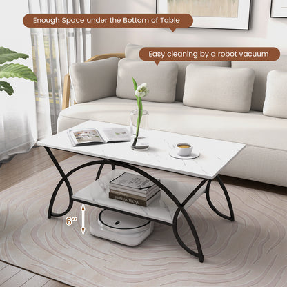 2-Tier Rectangle Coffee Table with Marble Pattern Top