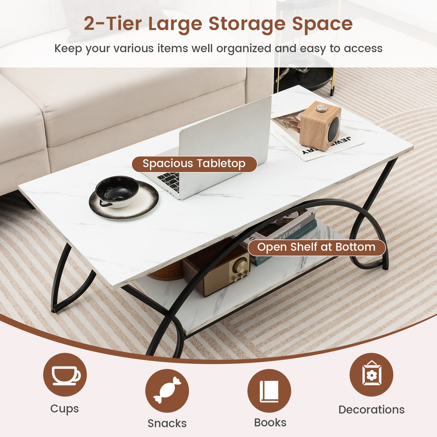 2-Tier Rectangle Coffee Table with Marble Pattern Top