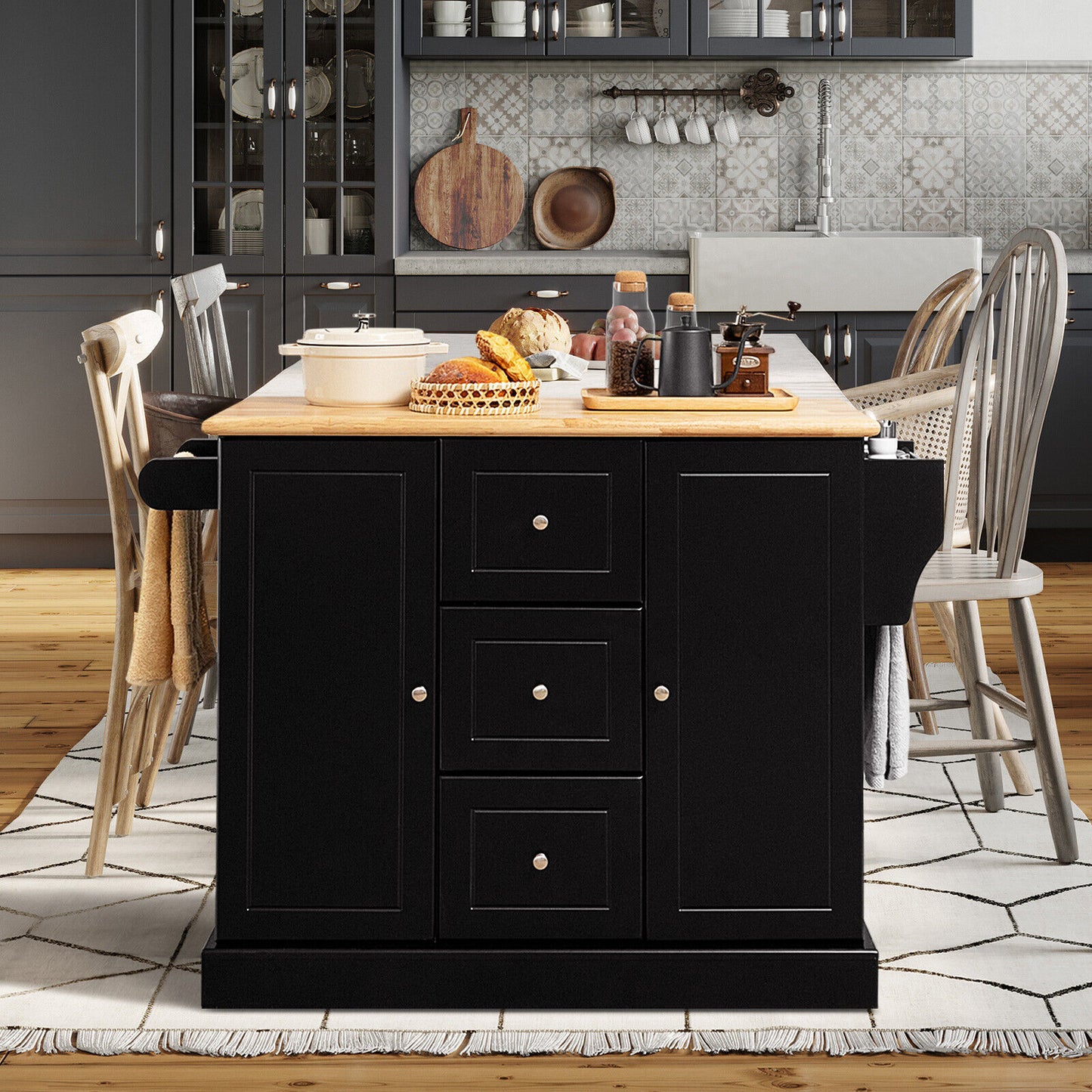 2-Door Large Mobile Kitchen Island Cart with Hidden Wheelsand 3 Drawers-Black