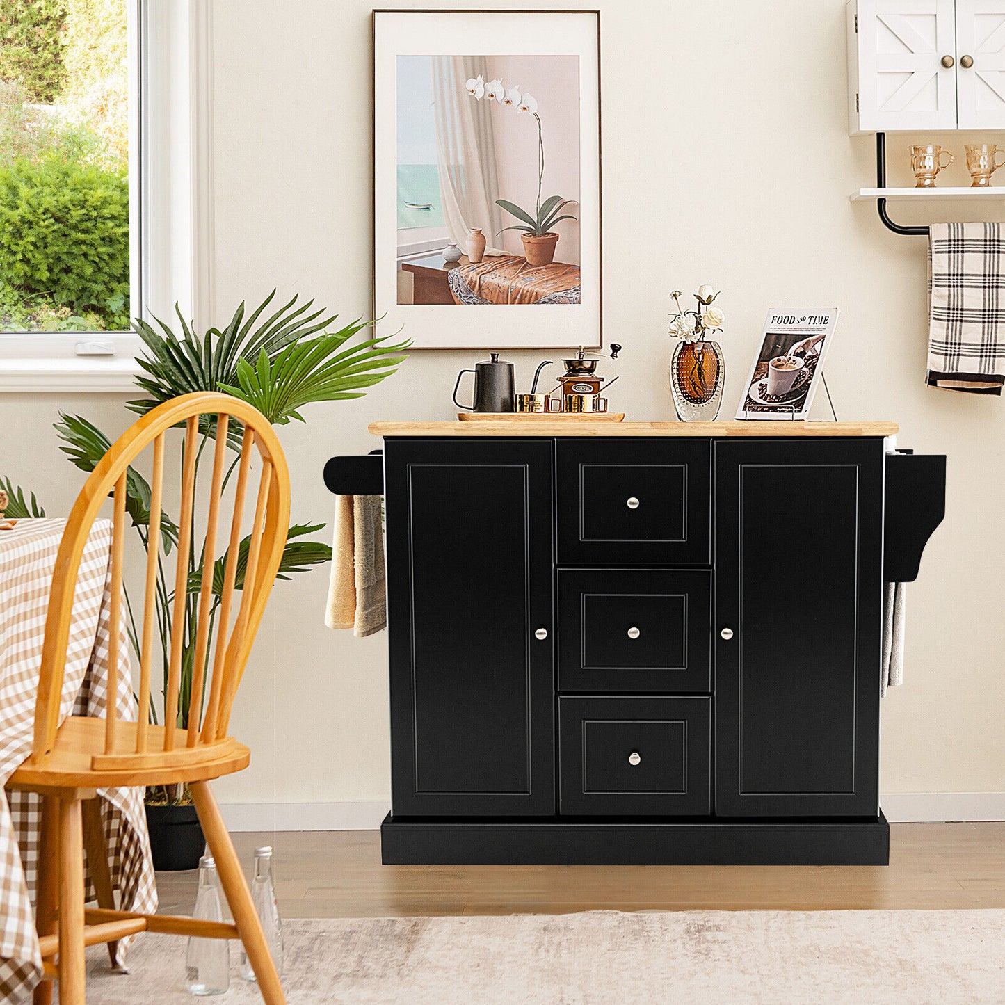 2-Door Large Mobile Kitchen Island Cart with Hidden Wheelsand 3 Drawers-Black