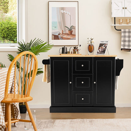 2-Door Large Mobile Kitchen Island Cart with Hidden Wheelsand 3 Drawers-Black