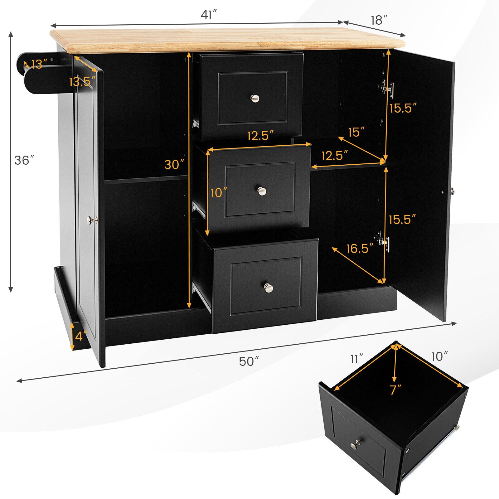 2-Door Large Mobile Kitchen Island Cart with Hidden Wheelsand 3 Drawers-Black
