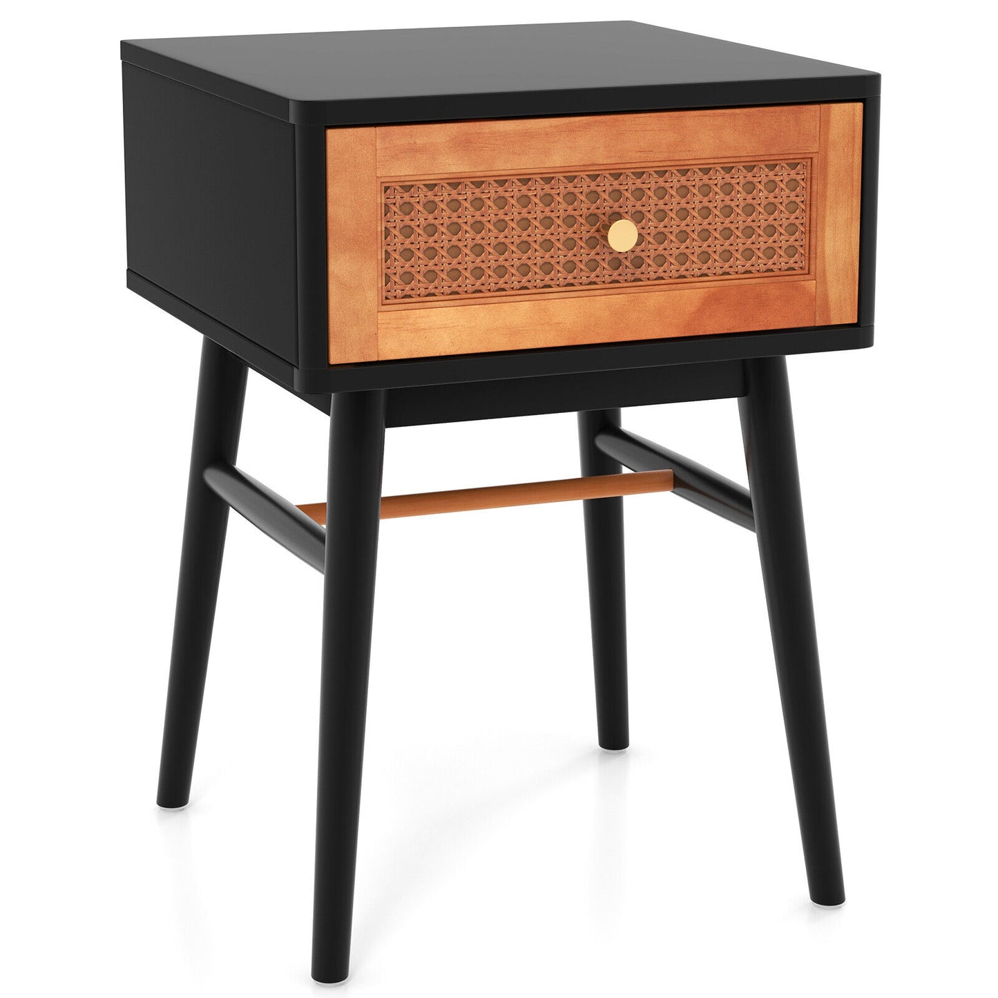 1-Drawer Modern Bedside Table with Solid Wood Legs-Black - Black