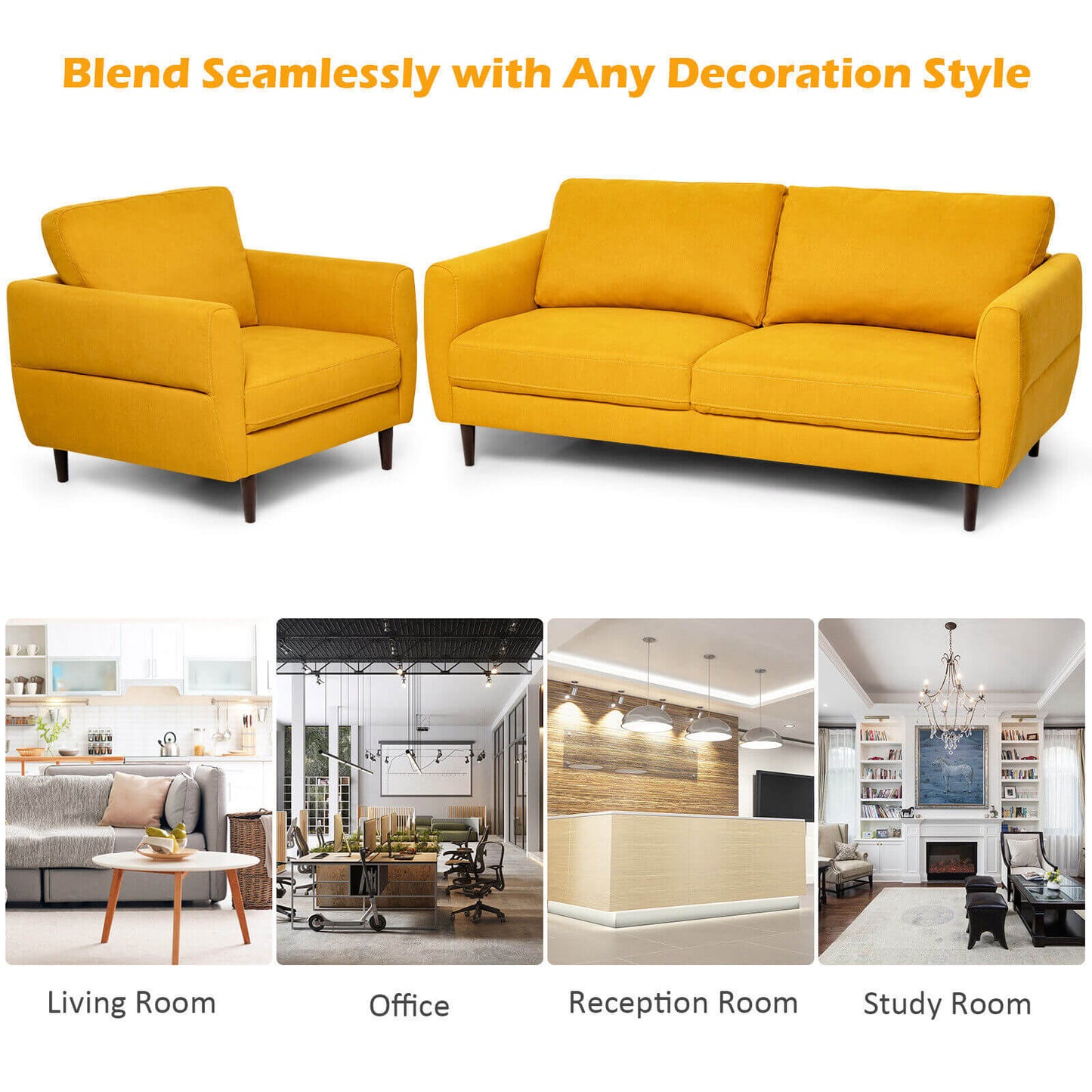 2 Pieces Upholstered Sofa Set with Removable Cushion Covers-Yellow