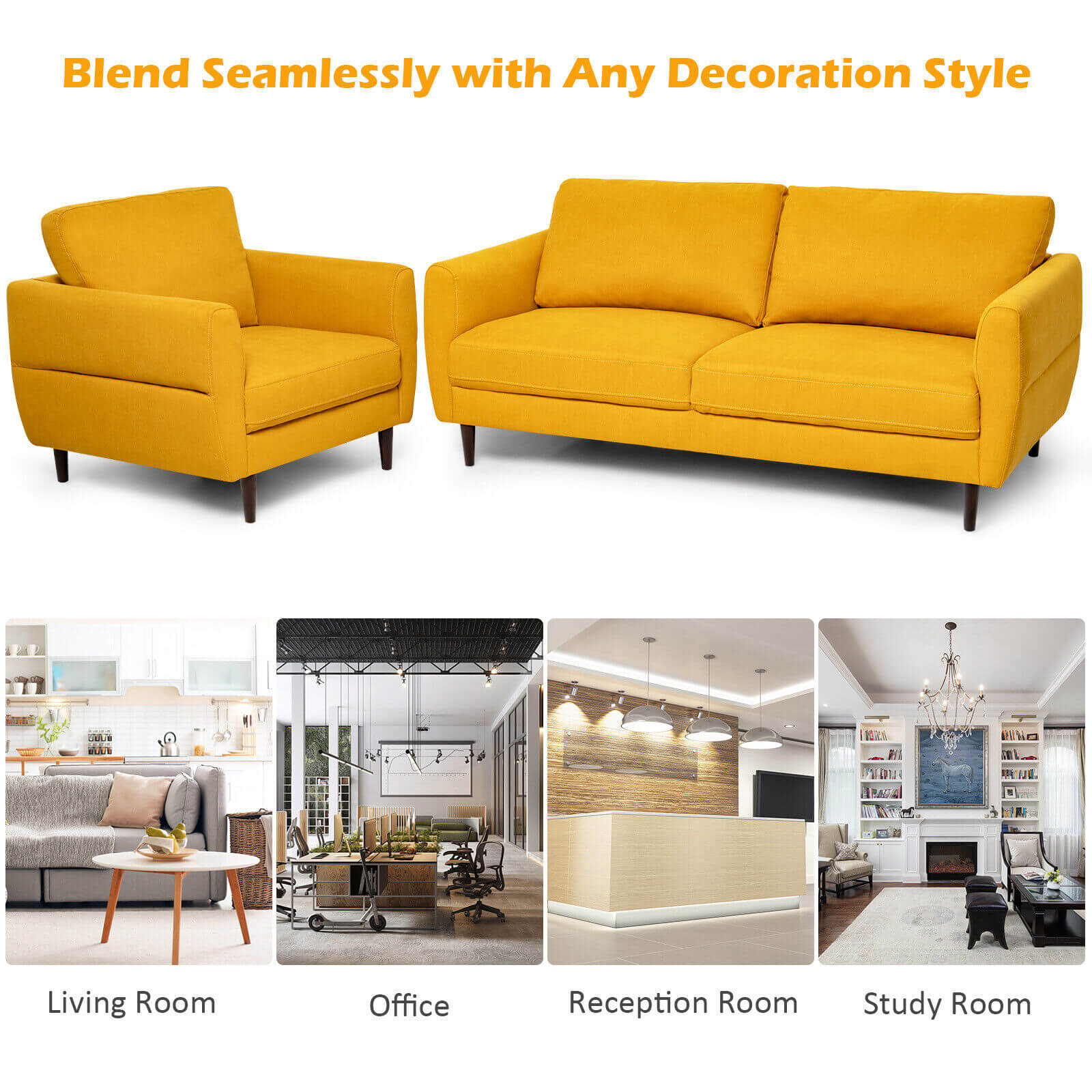 2 Pieces Upholstered Sofa Set with Removable Cushion Covers-Yellow