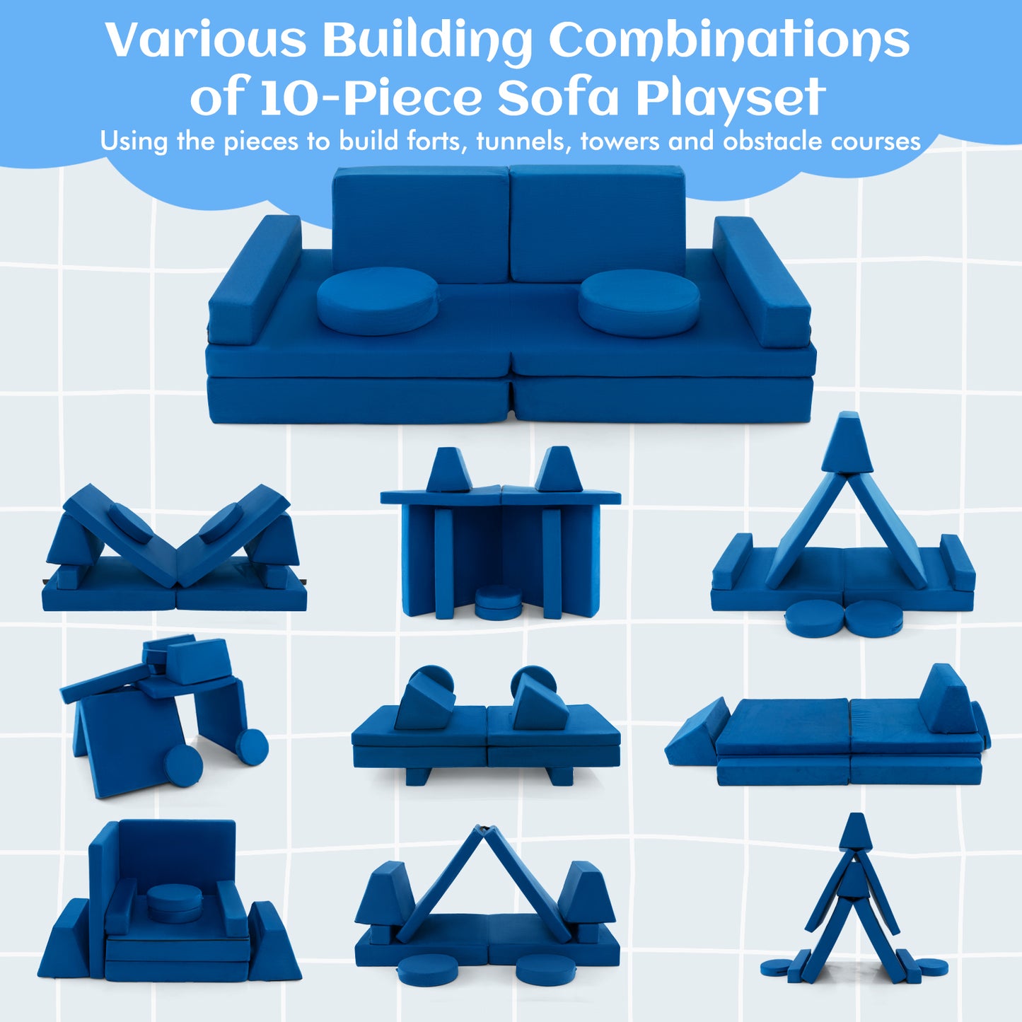 10-Piece Kids Play Couch Sofa with Portable Handle