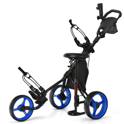 3 Wheels Folding Golf Push Cart with Seat Scoreboard and Adjustable Handle-Green - Blue