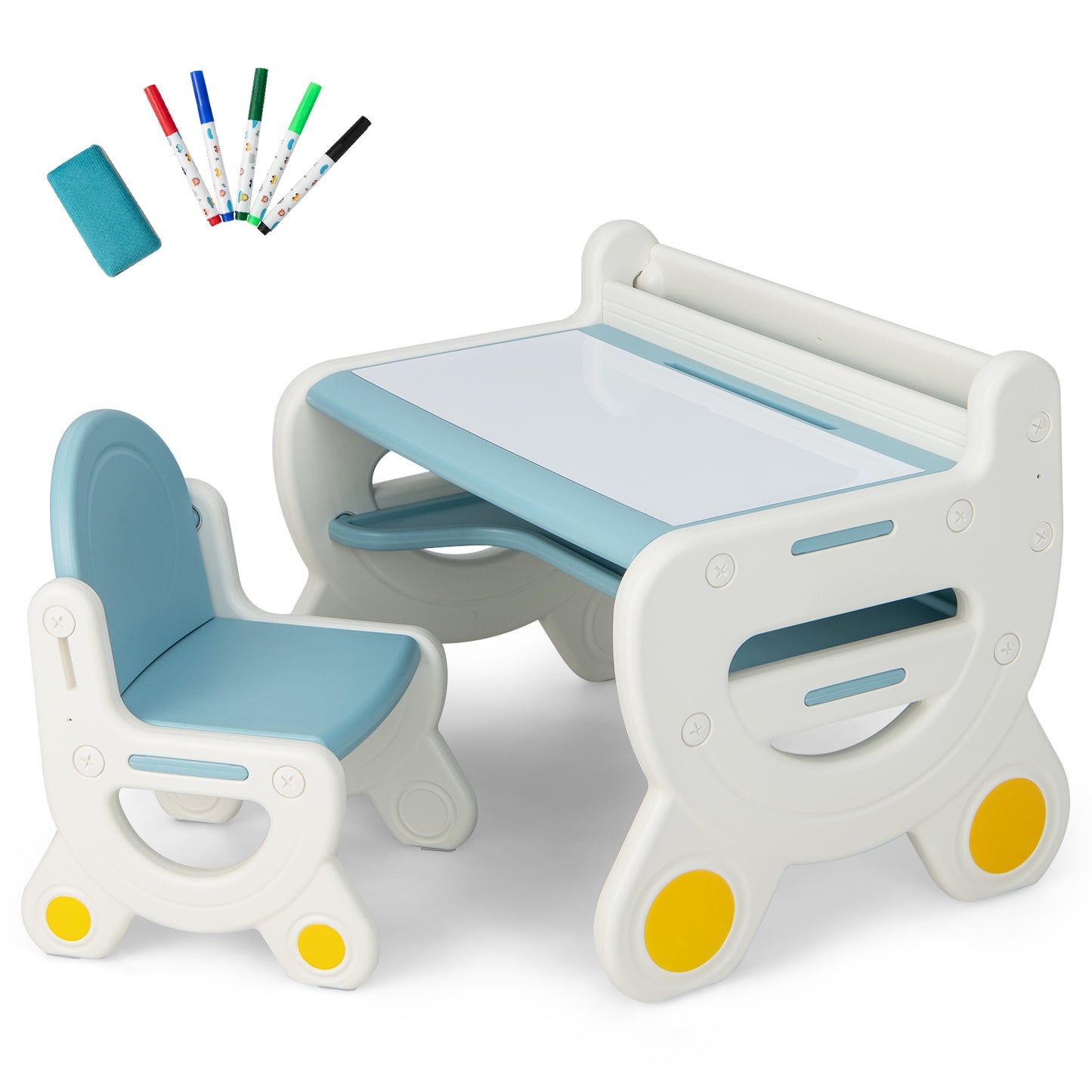 Kids Drawing Table and Chair Set with Watercolor Pens and Blackboard Eraser-Blue