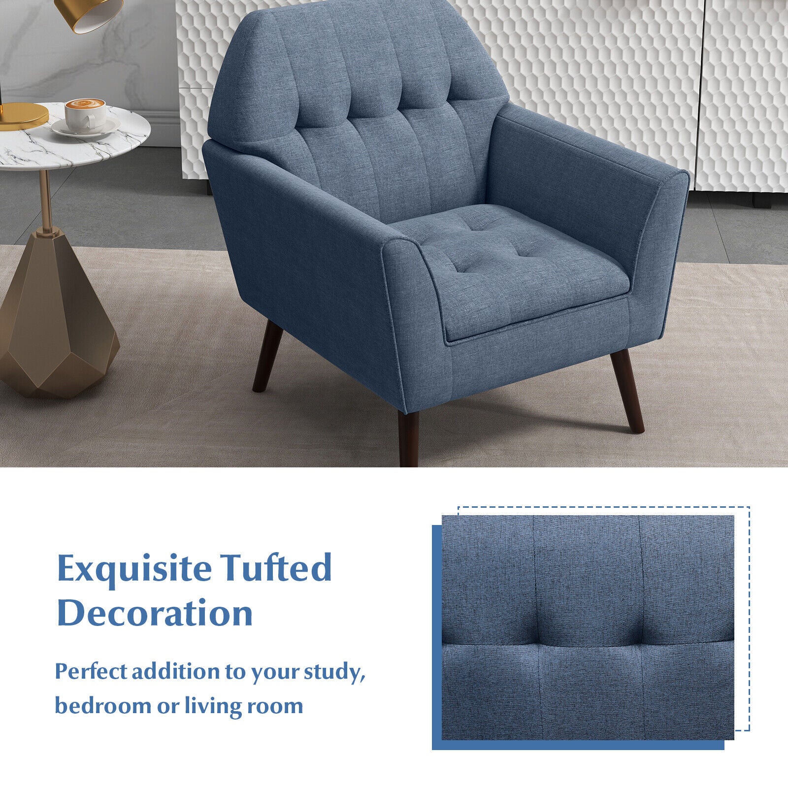 Modern Tufted Fabric Accent Chair with Rubber Wood Legs-Blue