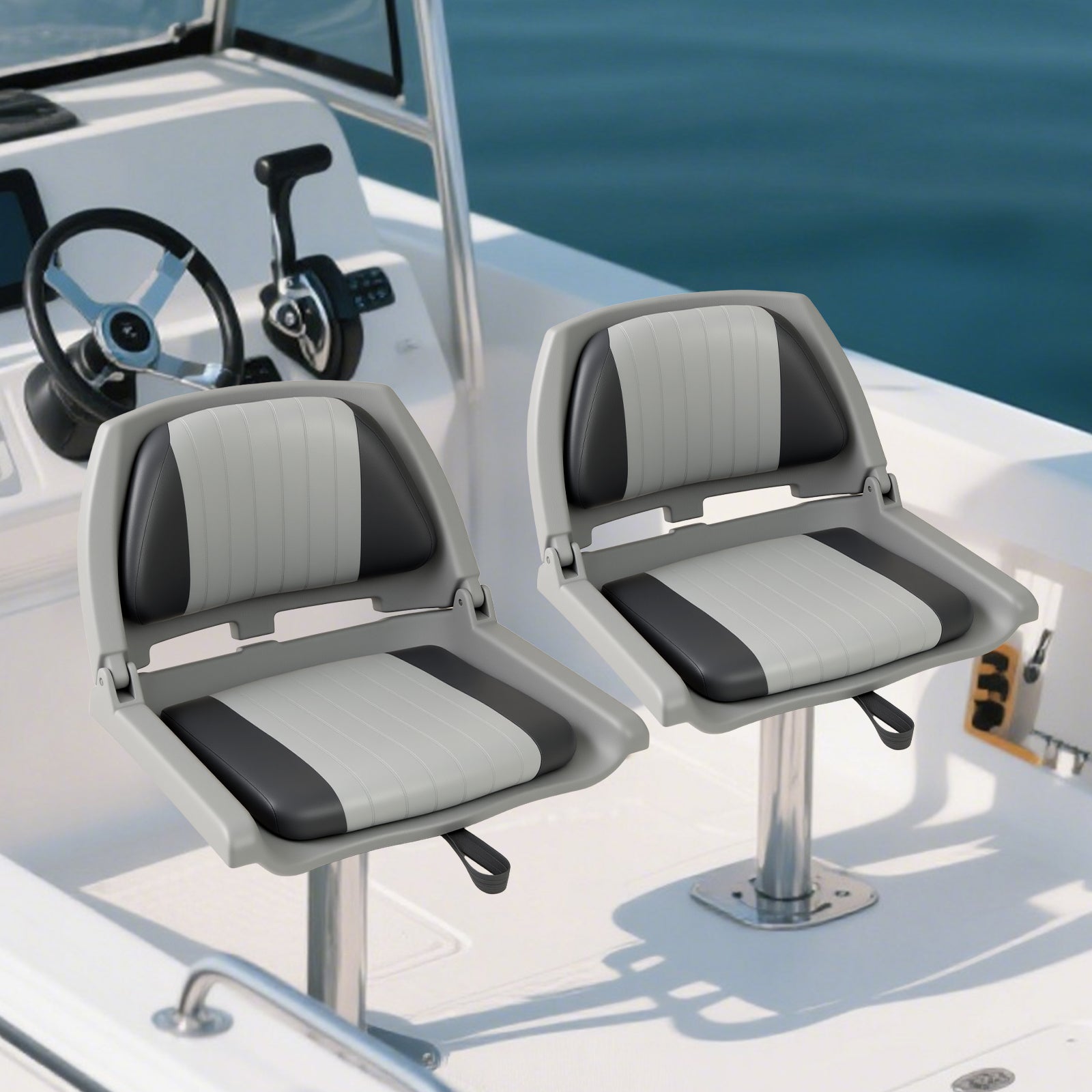 Boat Seat Folding Low Back Boat Chair with Marine-Grade PVC-Gray