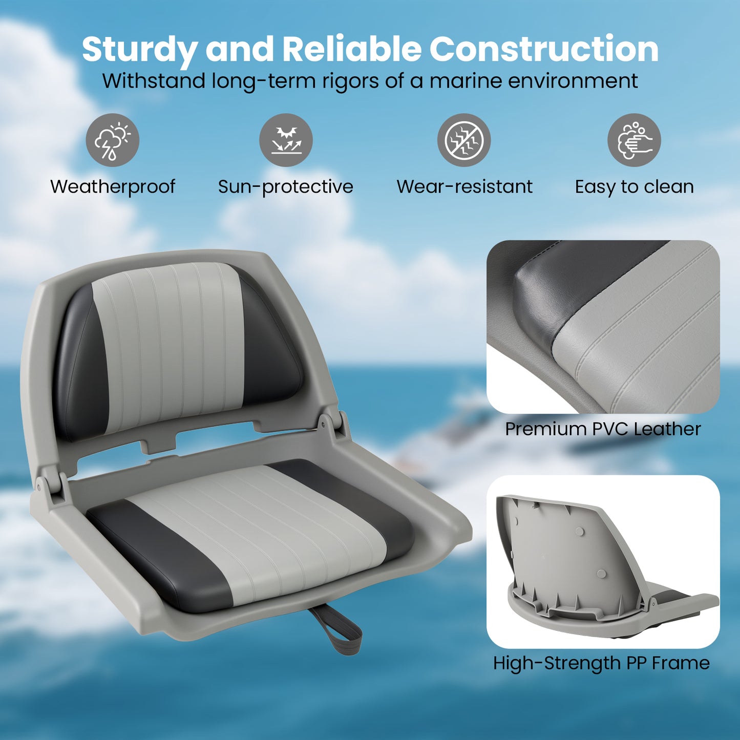 Boat Seat Folding Low Back Boat Chair with Marine-Grade PVC-Gray