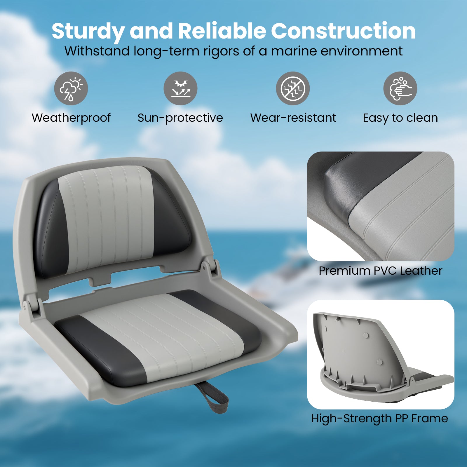 Boat Seat Folding Low Back Boat Chair with Marine-Grade PVC-Gray