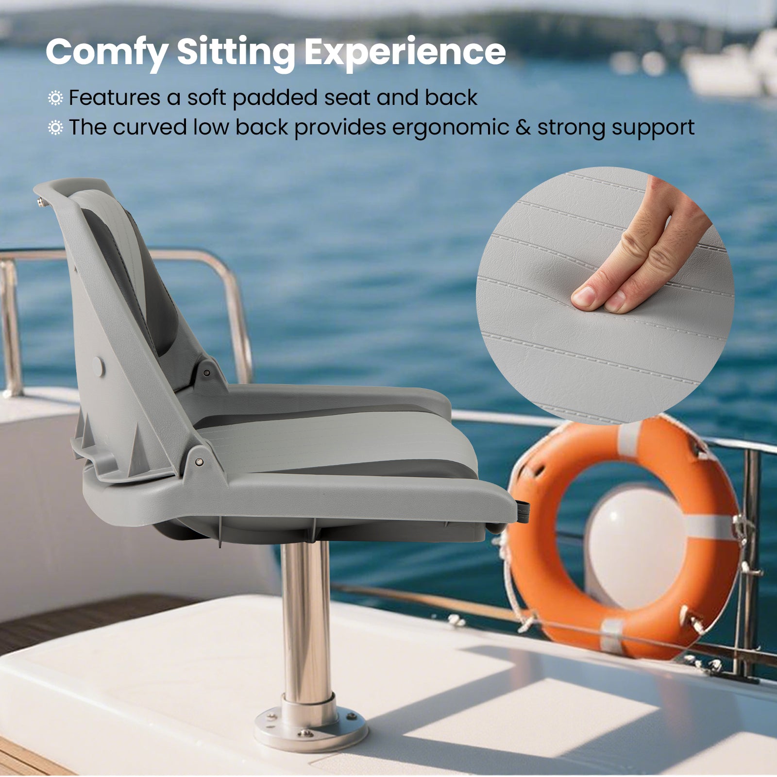Boat Seat Folding Low Back Boat Chair with Marine-Grade PVC-Gray
