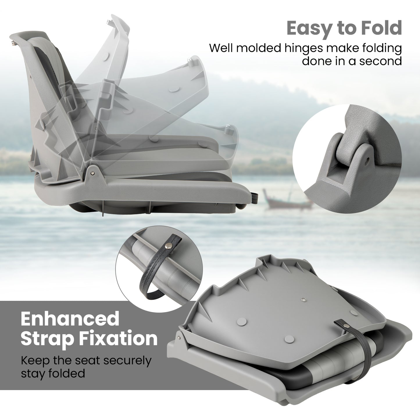 Boat Seat Folding Low Back Boat Chair with Marine-Grade PVC-Gray