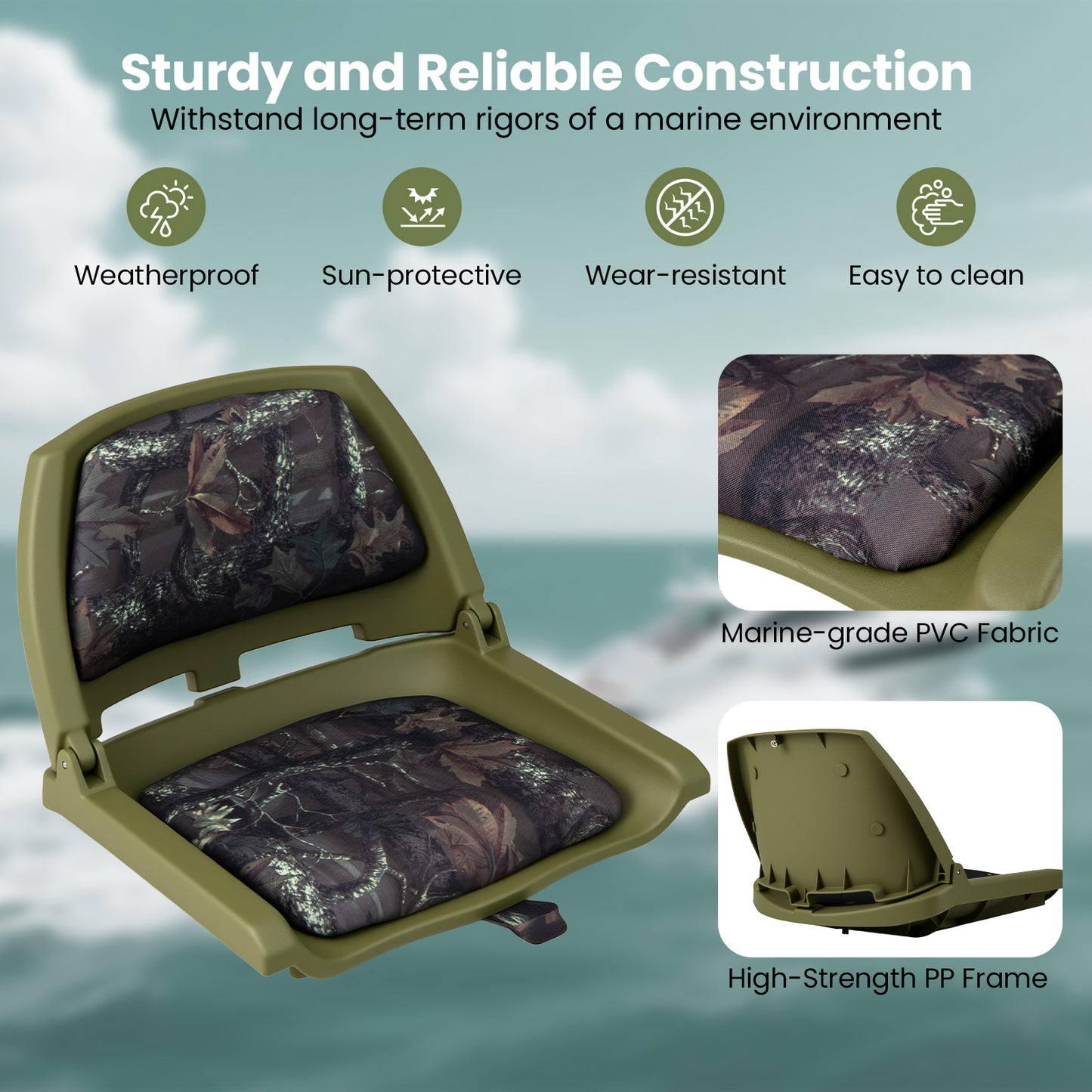 Boat Seat Folding Low Back Boat Chair with Marine-Grade PVC-Green