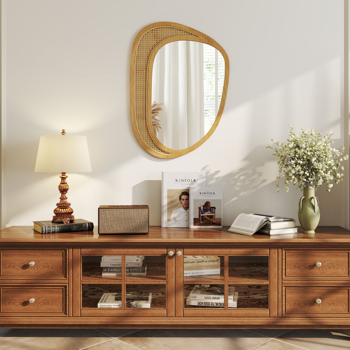 Bohemian Irregular Wall Mounted Decorative Mirror with Wooden Frame-Natural