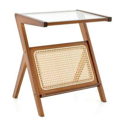 Boho End Table with Magazine Rack and Tempered Glass Top