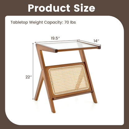 Boho End Table with Magazine Rack and Tempered Glass Top
