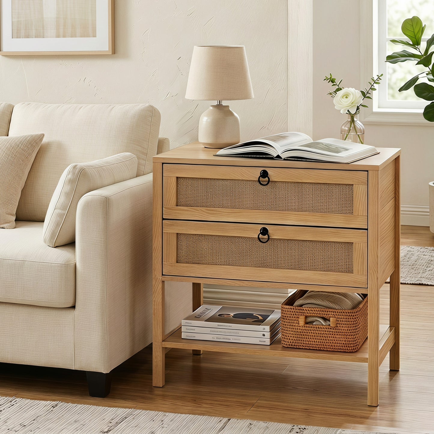 Rattan Nightstand with 2 Drawers and Open Shelf