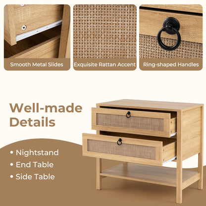 Rattan Nightstand with 2 Drawers and Open Shelf