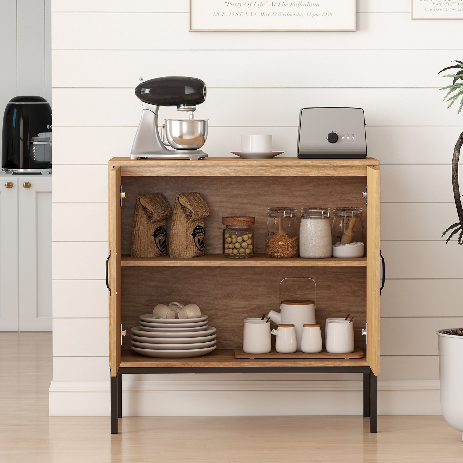 Boho Storage Cabinet with Asymmetrical Pattern Doors for Kitchen-Natural