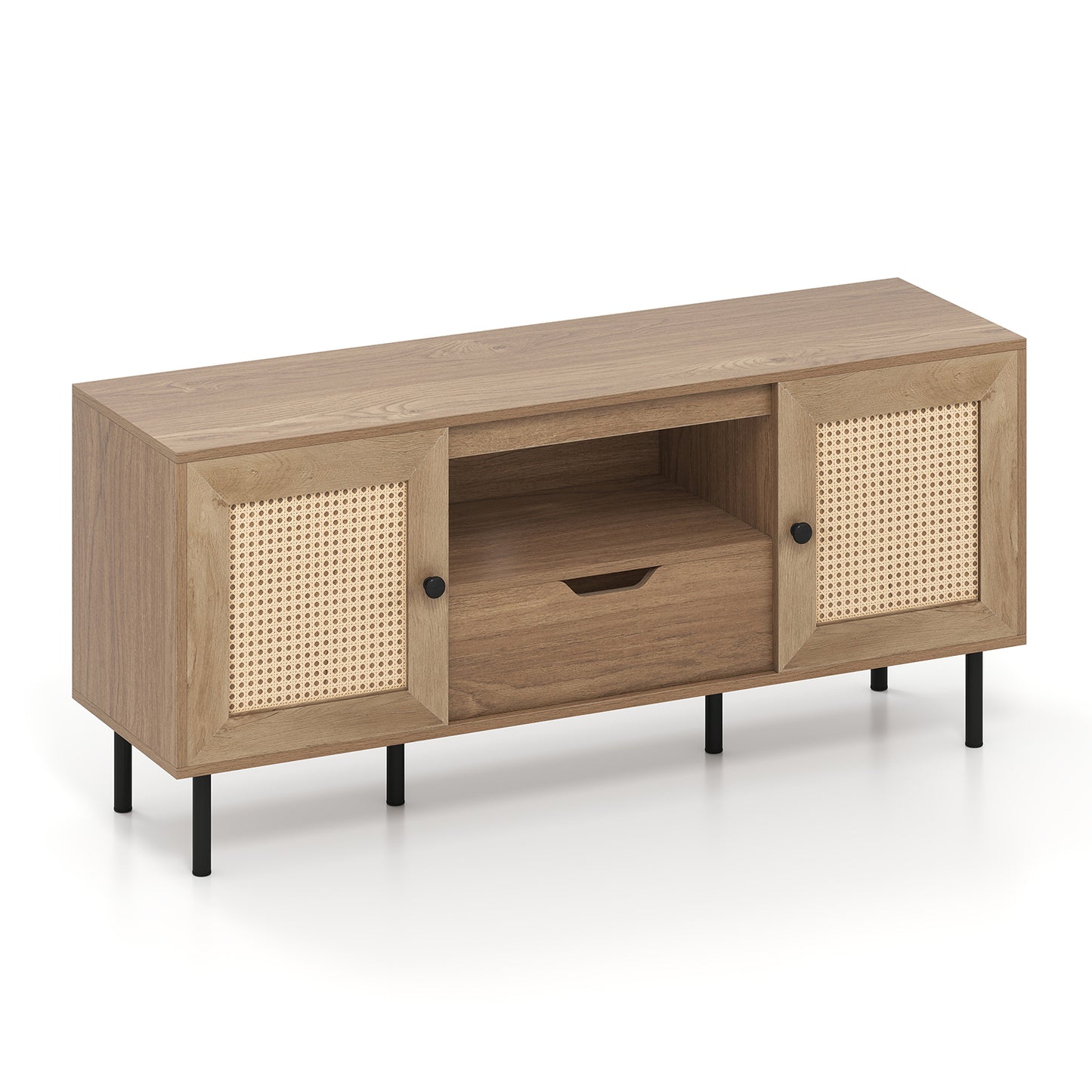 Boho TV Stand for 60 Inch TV Entertainment Center with Cabinets and Storage Shelf-Natural