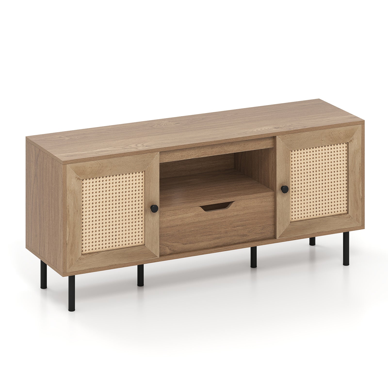 Boho TV Stand for 60 Inch TV Entertainment Center with Cabinets and Storage Shelf-Natural