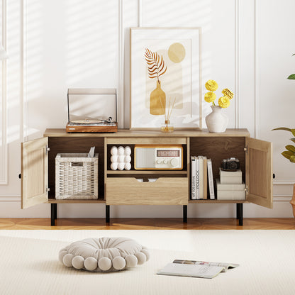 Boho TV Stand for 60 Inch TV Entertainment Center with Cabinets and Storage Shelf-Natural