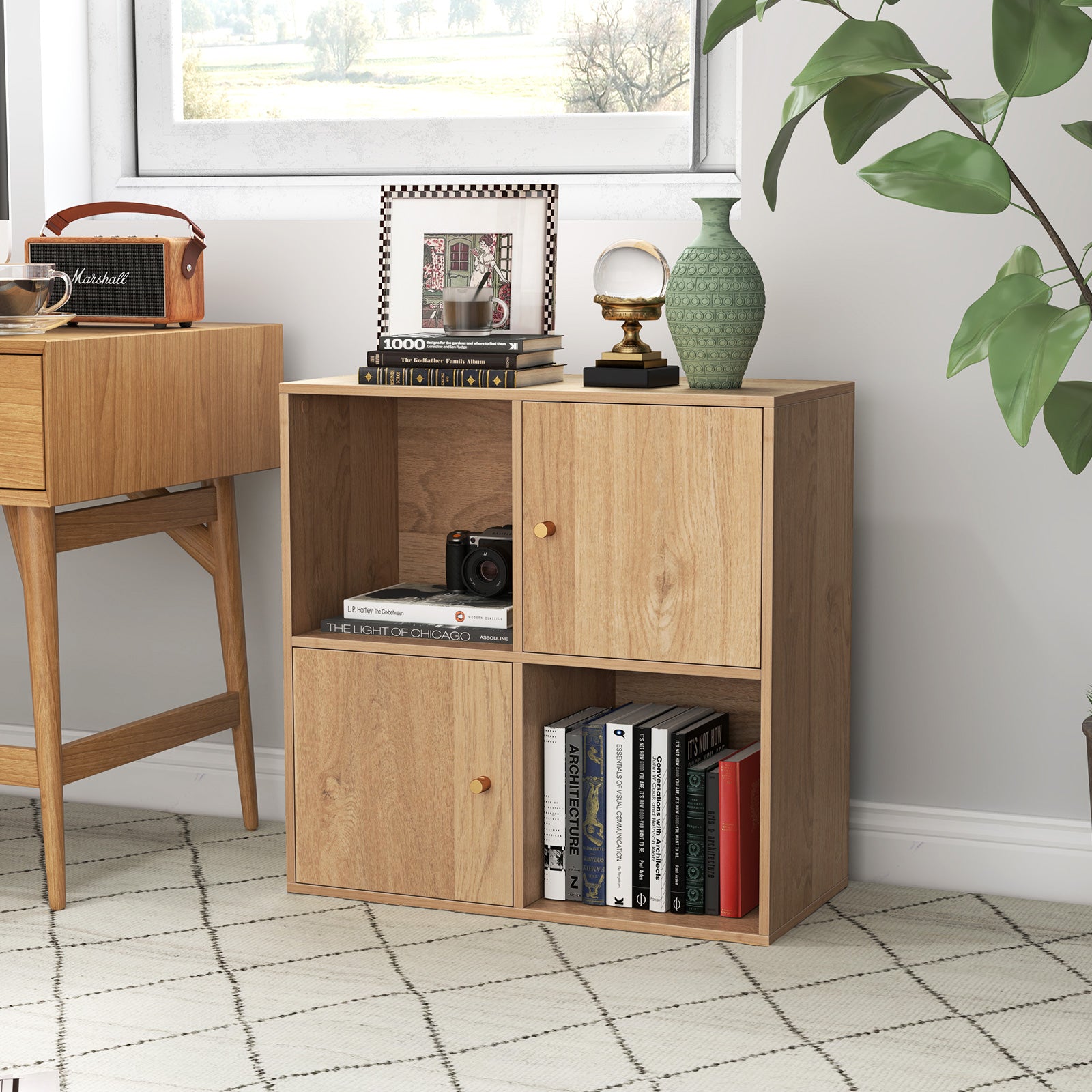 4-Cube Bookcase 3-Tier Bookshelf with Dual Anti-Tipping Kits and 2 Cabinets-Natural