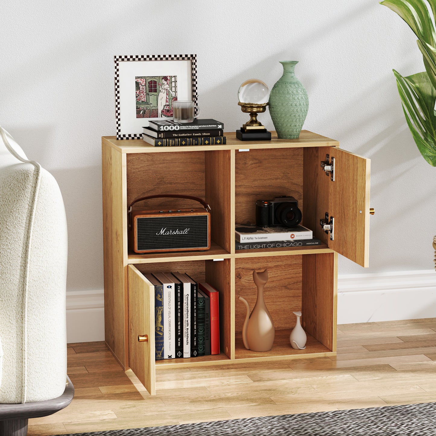 4-Cube Bookcase 3-Tier Bookshelf with Dual Anti-Tipping Kits and 2 Cabinets-Natural