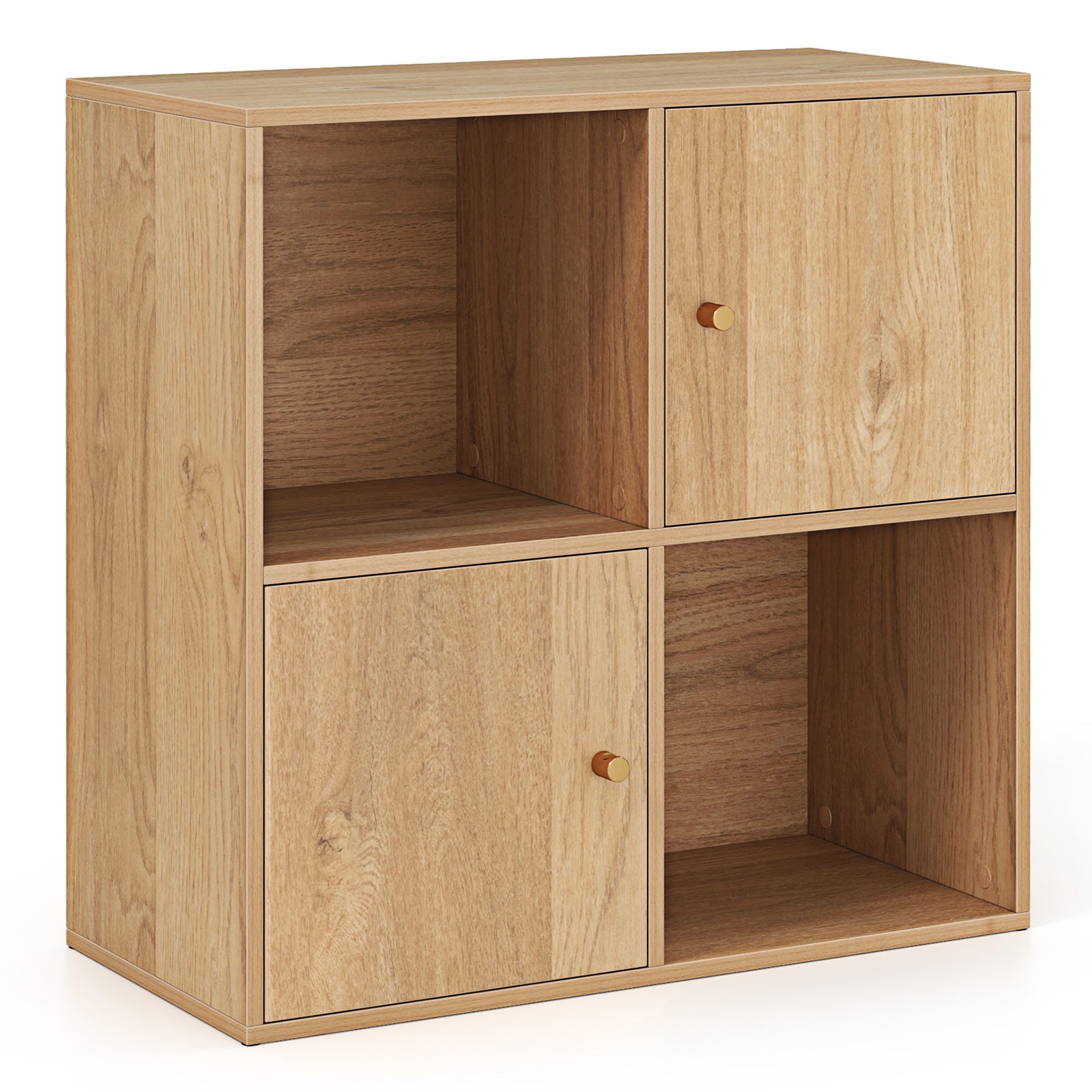 4-Cube Bookcase 3-Tier Bookshelf with Dual Anti-Tipping Kits and 2 Cabinets-Natural