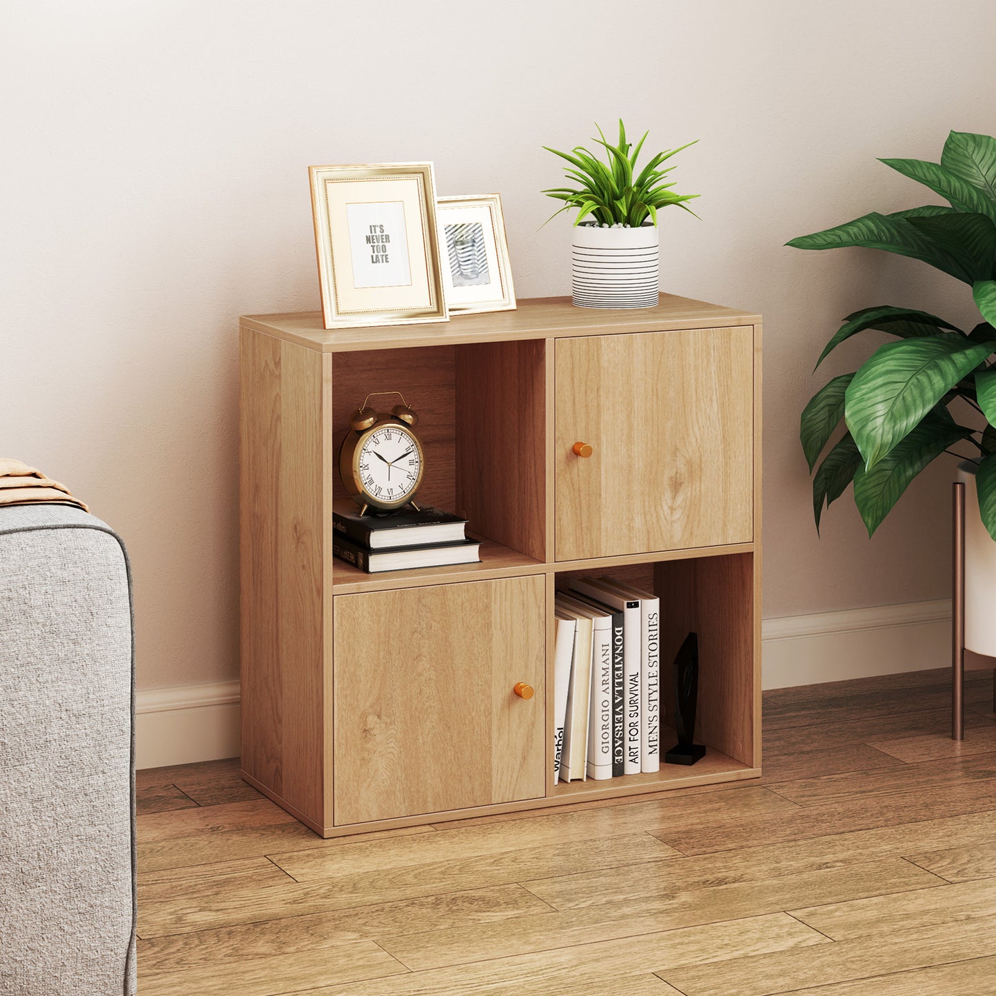 4-Cube Bookcase 3-Tier Bookshelf with Dual Anti-Tipping Kits and 2 Cabinets-Natural