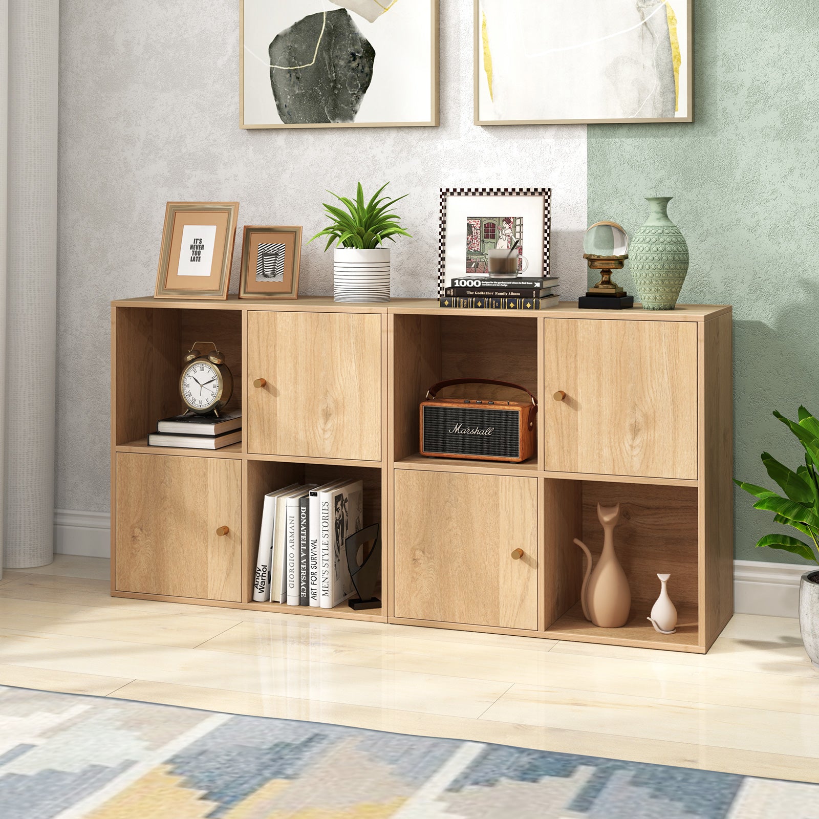 4-Cube Bookcase 3-Tier Bookshelf with Dual Anti-Tipping Kits and 2 Cabinets-Natural